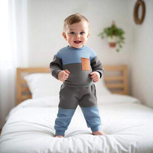 Kupretty Toddler Baby Boy Fall Winter Clothes Color Block Long Sleeve Sweatshirt Pullover Tops + Joggers Pants Outfit Set in Saudi Arabia