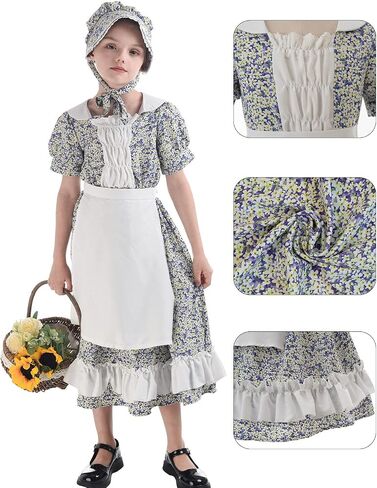 FCCAM Pioneer Dresses for Girls Colonial Dress Costume Short Sleeve Prairie Dresses with Apron in Kuwait