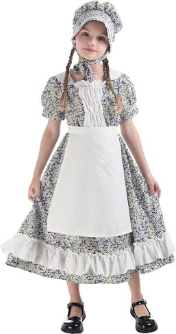 FCCAM Pioneer Dresses for Girls Colonial Dress Costume Short Sleeve Prairie Dresses with Apron in Kuwait