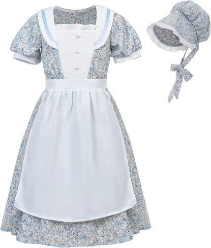 FCCAM Pioneer Dresses for Girls Colonial Dress Costume Short Sleeve Prairie Dresses with Apron in Kuwait