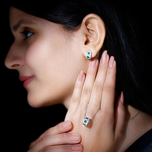 قام مختبر NW المعتمد بإنشاء مجموعة مجوهرات من الألماس والزمرد | طقم قلادة حلق الزمرد من الفضة المطلية بالذهب | جودة AAAA (جاهزة للهدايا) in Kuwait