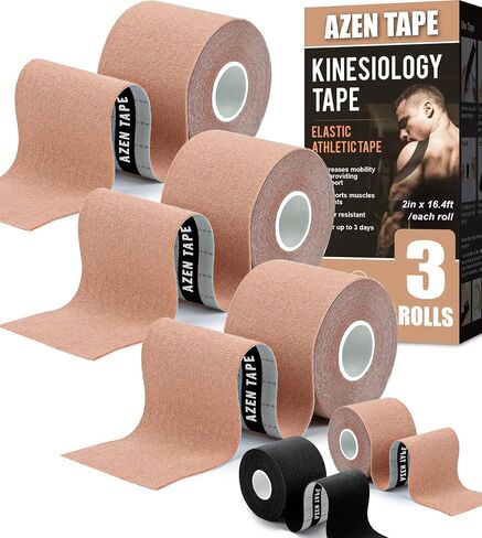 AZEN 3 Rolls Kinesiology Tape, 16.4 ft Waterproof Kinetic Tape for Joints Support and Muscle Pain Relief, Uncut Muscle Tape, Knee Tape, Athletic Tape - Black in Saudi Arabia