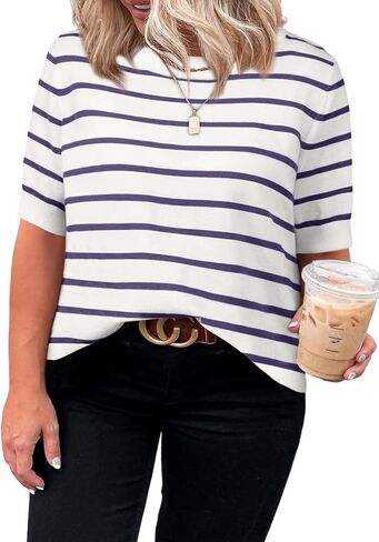 Eytino Women Plus Size Sweater Tops Short Sleeve Crewneck Striped Tshirts Casual Summer Blouses Shirts(1X-5X) in Saudi Arabia