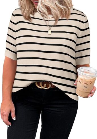 Eytino Women Plus Size Sweater Tops Short Sleeve Crewneck Striped Tshirts Casual Summer Blouses Shirts(1X-5X) in Saudi Arabia