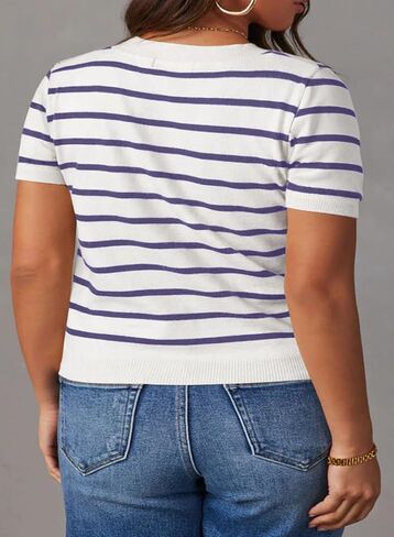 Eytino Women Plus Size Sweater Tops Short Sleeve Crewneck Striped Tshirts Casual Summer Blouses Shirts(1X-5X) in Saudi Arabia