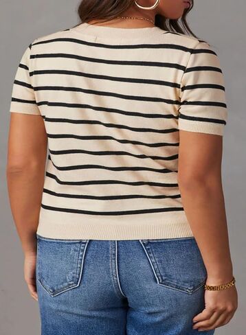 Eytino Women Plus Size Sweater Tops Short Sleeve Crewneck Striped Tshirts Casual Summer Blouses Shirts(1X-5X) in Saudi Arabia
