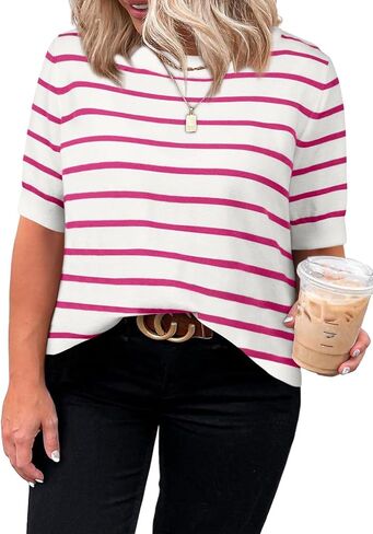 Eytino Women Plus Size Sweater Tops Short Sleeve Crewneck Striped Tshirts Casual Summer Blouses Shirts(1X-5X) in Saudi Arabia