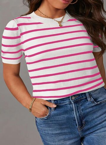 Eytino Women Plus Size Sweater Tops Short Sleeve Crewneck Striped Tshirts Casual Summer Blouses Shirts(1X-5X) in Saudi Arabia