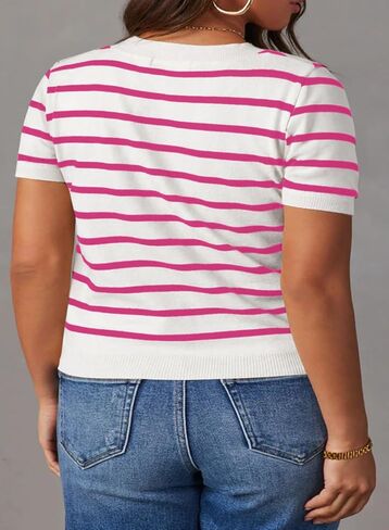 Eytino Women Plus Size Sweater Tops Short Sleeve Crewneck Striped Tshirts Casual Summer Blouses Shirts(1X-5X) in Saudi Arabia