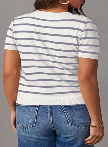Eytino Women Plus Size Sweater Tops Short Sleeve Crewneck Striped Tshirts Casual Summer Blouses Shirts(1X-5X) in Saudi Arabia