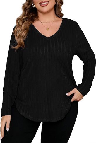 ShopWonder المرأة حجم كبير مضلع متماسكة سترة بلايز الخامس الرقبة طويلة الأكمام الخريف بلوزة تونك عادية in Kuwait