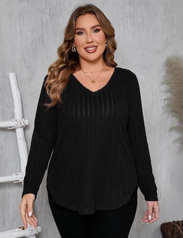 ShopWonder المرأة حجم كبير مضلع متماسكة سترة بلايز الخامس الرقبة طويلة الأكمام الخريف بلوزة تونك عادية in Kuwait