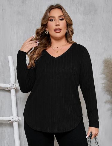 ShopWonder المرأة حجم كبير مضلع متماسكة سترة بلايز الخامس الرقبة طويلة الأكمام الخريف بلوزة تونك عادية in Kuwait