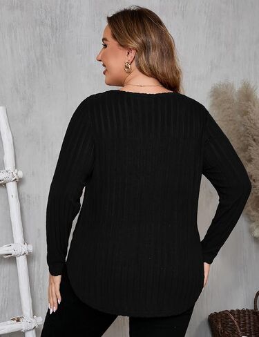 ShopWonder المرأة حجم كبير مضلع متماسكة سترة بلايز الخامس الرقبة طويلة الأكمام الخريف بلوزة تونك عادية in Kuwait