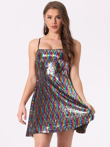 Allegra K Women's Glitter Sequin Dress Sexy Spaghetti Strap Sleeveless Mini Party Dress Clubwear in Saudi Arabia