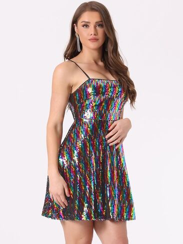 Allegra K Women's Glitter Sequin Dress Sexy Spaghetti Strap Sleeveless Mini Party Dress Clubwear in Saudi Arabia