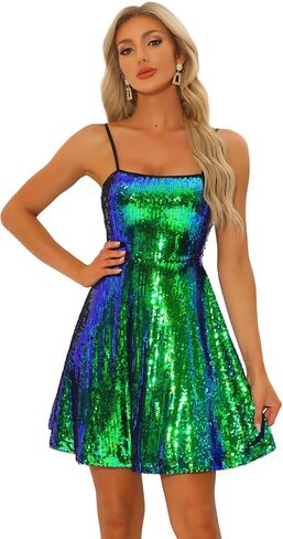 Allegra K Women's Glitter Sequin Dress Sexy Spaghetti Strap Sleeveless Mini Party Dress Clubwear in Saudi Arabia