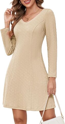Bbonlinedress سترة نسائية طويلة الأكمام للخريف فستان كاجوال منسوج مضلع للعمل ورقبة على شكل حرف V فستان سترة قصير in Kuwait