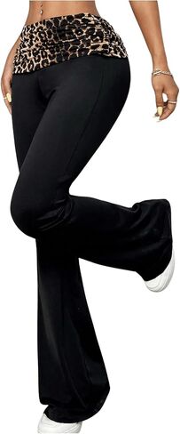 Women's Leopard Print Color Block Flare Pants Elastic High Waisted Bell Bottoms in Kuwait