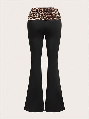 Women's Leopard Print Color Block Flare Pants Elastic High Waisted Bell Bottoms in Kuwait