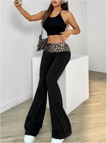 Women's Leopard Print Color Block Flare Pants Elastic High Waisted Bell Bottoms in Kuwait