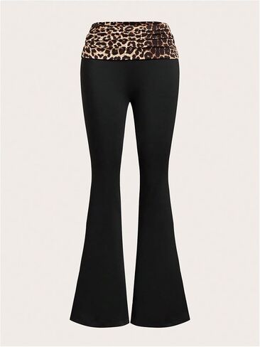 Women's Leopard Print Color Block Flare Pants Elastic High Waisted Bell Bottoms in Kuwait