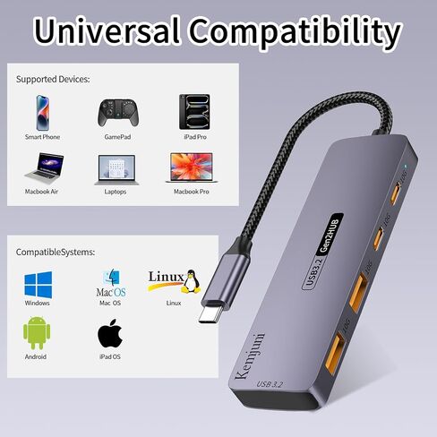 10Gbps USB C hub with 100W PD Charging USB C to USB C/A Adapter, USB3.2 GEN2 Speed USB/USB C Distributor with 1*USBA (10G) 3*USB C (10G). 4-Port USB C Adapter (Data Transfer only, no Display Support) in Saudi Arabia