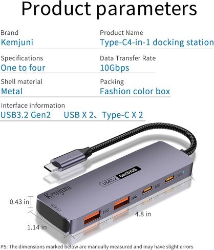 10Gbps USB C hub with 100W PD Charging USB C to USB C/A Adapter, USB3.2 GEN2 Speed USB/USB C Distributor with 1*USBA (10G) 3*USB C (10G). 4-Port USB C Adapter (Data Transfer only, no Display Support) in Saudi Arabia