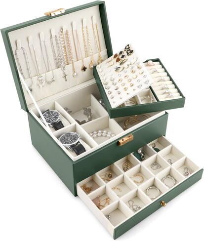 Jewelry Box for Women Girls, 3 Layers Large Jewelry Organizer Storage Case with Lock,Travel Jewelry Organizer Box Display for Ideal Gift Earring Necklace Bracelet Ring Watches in Saudi Arabia