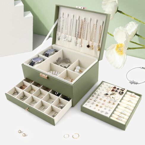 Jewelry Box for Women Girls, 3 Layers Large Jewelry Organizer Storage Case with Lock,Travel Jewelry Organizer Box Display for Ideal Gift Earring Necklace Bracelet Ring Watches in Saudi Arabia