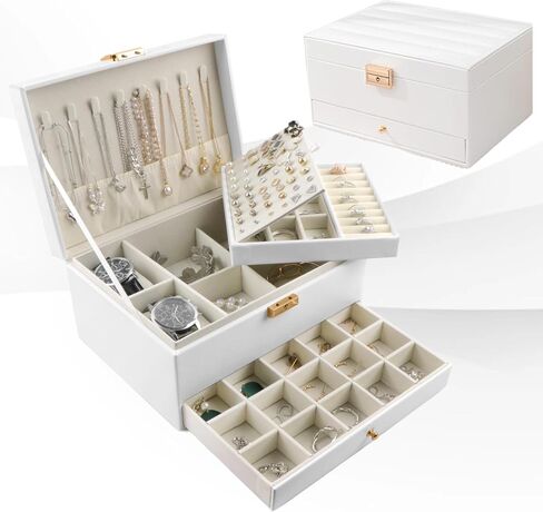 Jewelry Box for Women Girls, 3 Layers Large Jewelry Organizer Storage Case with Lock,Travel Jewelry Organizer Box Display for Ideal Gift Earring Necklace Bracelet Ring Watches in Saudi Arabia