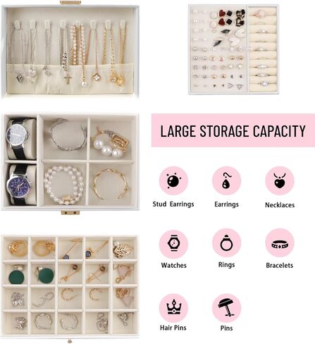 Jewelry Box for Women Girls, 3 Layers Large Jewelry Organizer Storage Case with Lock,Travel Jewelry Organizer Box Display for Ideal Gift Earring Necklace Bracelet Ring Watches in Saudi Arabia
