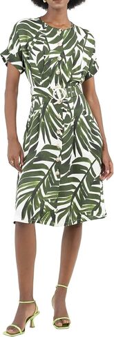 2025 Womens Midi Dress A Line Front Button Adjustable Belt Round Neck Roll Short Sleeve Work Office in Saudi Arabia