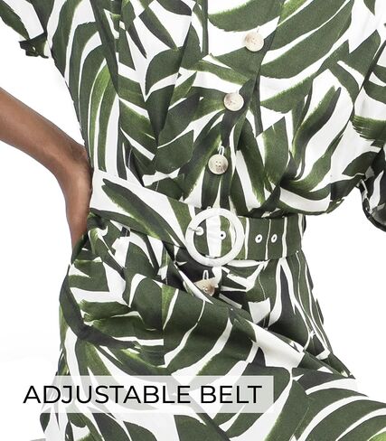 2025 Womens Midi Dress A Line Front Button Adjustable Belt Round Neck Roll Short Sleeve Work Office in Saudi Arabia