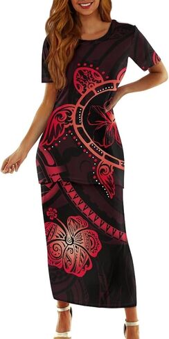 Puletasi Samoan Traditional 2 Piece Outfits for Women Short Sleeve Crop Top and Maxi Skirt Sets Puletasi Dress in Kuwait