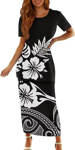Puletasi Samoan Traditional 2 Piece Outfits for Women Short Sleeve Crop Top and Maxi Skirt Sets Puletasi Dress in Kuwait