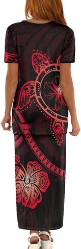 Puletasi Samoan Traditional 2 Piece Outfits for Women Short Sleeve Crop Top and Maxi Skirt Sets Puletasi Dress in Kuwait