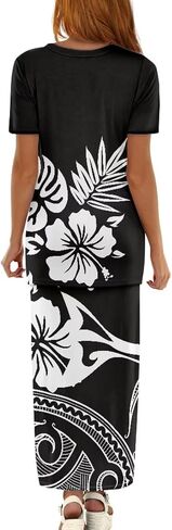 Puletasi Samoan Traditional 2 Piece Outfits for Women Short Sleeve Crop Top and Maxi Skirt Sets Puletasi Dress in Kuwait