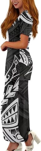 Puletasi Samoan Traditional 2 Piece Outfits for Women Short Sleeve Crop Top and Maxi Skirt Sets Puletasi Dress in Kuwait