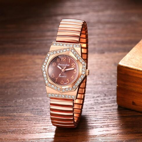 Avaner Women's Elastic Wrist Watches: Rhinestones Stretch Band Rosegold Octagonal Analog Quartz Bling Watch in Kuwait