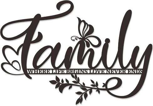 Zzbakress Family Where Life Begins Love Never Ends Sign Metal Wall Art كبير أسود شجرة العائلة ديكور جدار علامة عائلية ديكور جدار غرفة المعيشة أقوال الحب لغرفة النوم والمطبخ الداخلي والخارجي (أسود) in Kuwait