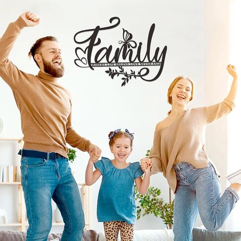 Zzbakress Family Where Life Begins Love Never Ends Sign Metal Wall Art كبير أسود شجرة العائلة ديكور جدار علامة عائلية ديكور جدار غرفة المعيشة أقوال الحب لغرفة النوم والمطبخ الداخلي والخارجي (أسود) in Kuwait