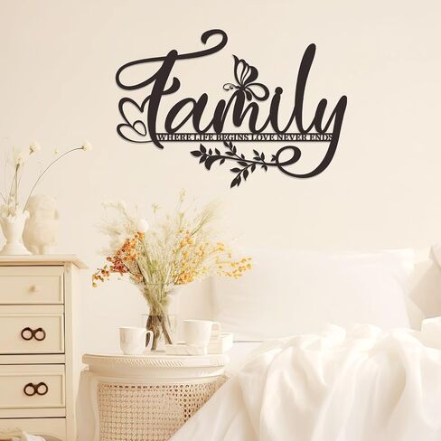 Zzbakress Family Where Life Begins Love Never Ends Sign Metal Wall Art كبير أسود شجرة العائلة ديكور جدار علامة عائلية ديكور جدار غرفة المعيشة أقوال الحب لغرفة النوم والمطبخ الداخلي والخارجي (أسود) in Kuwait