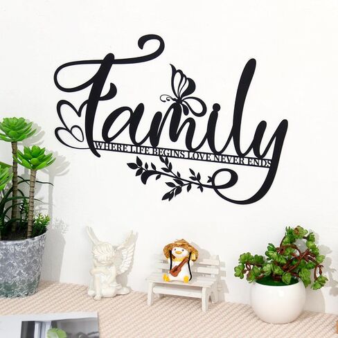 Zzbakress Family Where Life Begins Love Never Ends Sign Metal Wall Art كبير أسود شجرة العائلة ديكور جدار علامة عائلية ديكور جدار غرفة المعيشة أقوال الحب لغرفة النوم والمطبخ الداخلي والخارجي (أسود) in Kuwait