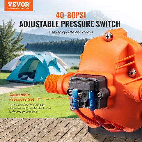 VEVOR Water Diaphragm Pump, 12V DC, 5.5 GPM Flow, 70 PSI Rated Pressure (40-100 PSI Adjustable), 1/2" MNPT Self Priming Sprayer Pump with Pressure Switch for Car Washing, Agricultural Irrigation in Saudi Arabia