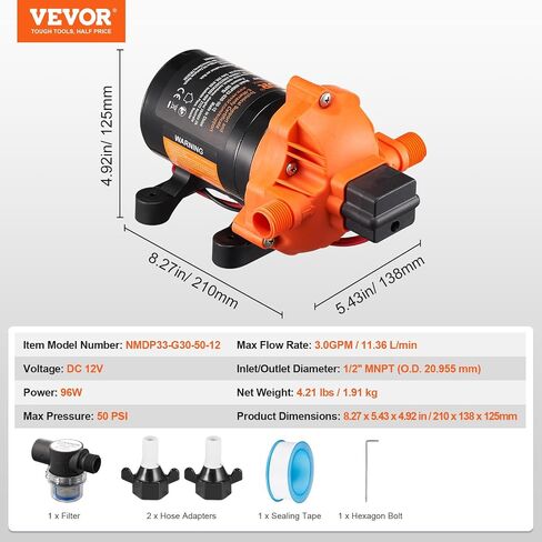 VEVOR Water Diaphragm Pump, 12V DC, 5.5 GPM Flow, 70 PSI Rated Pressure (40-100 PSI Adjustable), 1/2" MNPT Self Priming Sprayer Pump with Pressure Switch for Car Washing, Agricultural Irrigation in Saudi Arabia