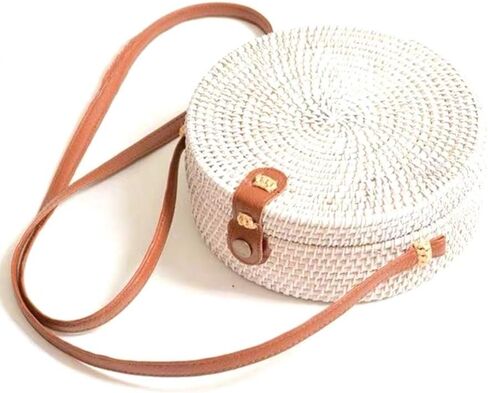 Handwoven Round Rattan Straw Bag for Women Shoulder Leather Button Straps Natural Chic Handmade Boho Bag Bali Purse in Kuwait