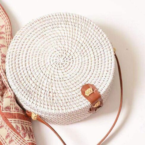 Handwoven Round Rattan Straw Bag for Women Shoulder Leather Button Straps Natural Chic Handmade Boho Bag Bali Purse in Kuwait