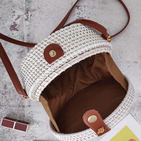 Handwoven Round Rattan Straw Bag for Women Shoulder Leather Button Straps Natural Chic Handmade Boho Bag Bali Purse in Kuwait