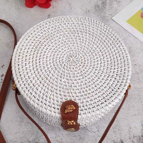 Handwoven Round Rattan Straw Bag for Women Shoulder Leather Button Straps Natural Chic Handmade Boho Bag Bali Purse in Kuwait